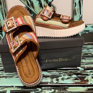 Pierre Dumas Multicolor Woven Slide Sandals with Rhinestone Buckles
